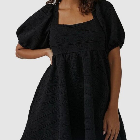 Free People Puff-Sleeve Tie-Back Baby Doll Mini Dress In Black Size S - Picture 1 of 6